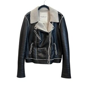 Ralph Lauren Denim &‎ Supply Black Faux Leather Moto Jacket Sherpa Lined XL